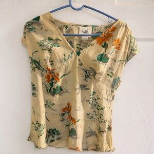 Anthropologie Floral Silk Blouse | Size 6 | V-Neck Flutter Sleeve Cream Top